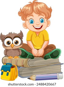 Happy boy sitting on books with owl