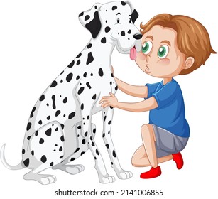 A happy boy sitting on the floor and pets dog illustration