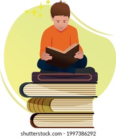 Happy Boy Sitting On Stack Of Books And Reading An Old Storybook Vector Illustration. Cartoon Flat Character In Modern Colors.