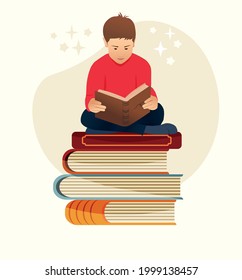 Happy Boy Sitting On Stack Of Books And Reading An Old Storybook Vector Illustration. Cartoon Flat Character In Modern Colors. Book Lovers Day. Youth.