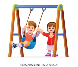 Happy boy sitting on swing while girl pushing from behind at playground. Vector cartoon illustration