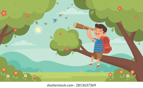 Happy boy sitting on a tree branch in the green woods and looking through a long telescope to observe flying birds.