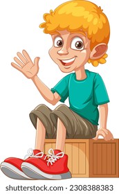 Happy boy sitting on a wooden box illustration