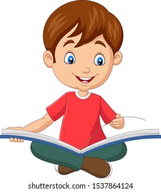 Happy boy sitting with opened a book 