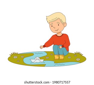 Happy Boy Sitting and Playing with Paper Boat in Puddle Engaged in Spring Season Activity Vector Illustration