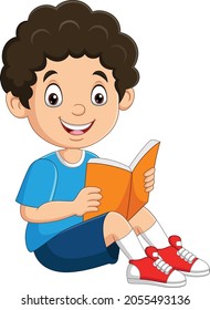 Happy boy sitting with reading a book