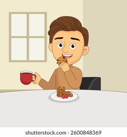 Happy boy sitting at the table and eating cookies