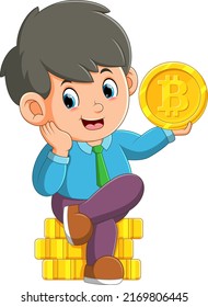 El niño feliz está sentado mientras sostiene un gran bitcoin de ilustración