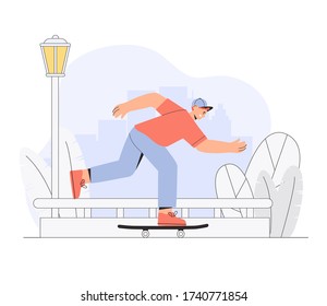 Happy boy skateboarder rides a skateboard on the background of a city park. Vector modern illustration in flat style.