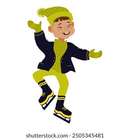 Niño feliz patinando sobre hielo. Actividad al aire libre de invierno. Niño con ropa de invierno brillante. Niño de la historieta aislado en un fondo blanco. Ilustración vectorial plana dibujada a mano.