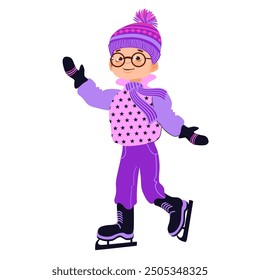 Happy boy skating on Ice. Winter outdoor activity. Child in bright winter clothes. Cartoon kid isolated on a white background. Hand-drawn flat vector illustration.