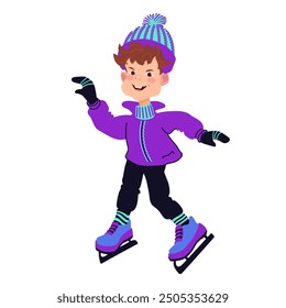 Happy boy skating on Ice. Winter outdoor activity. Child in bright winter clothes. Cartoon kid isolated on a white background. Hand-drawn flat vector illustration.