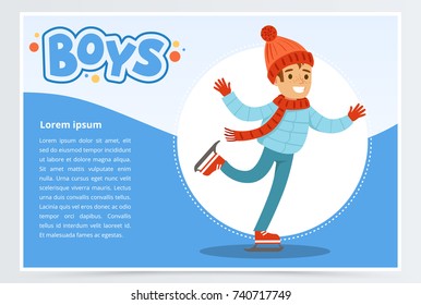 Happy boy skating on Ice rink, boys banner for advertising brochure, promotional leaflet poster, presentation flat vector element for website or mobile app
