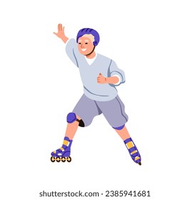 Happy boy skating on roller skates, rolling shoes. Smiling child skater in safety helmet. Joyful cheerful active kid. Outdoor sports activity. Flat vector illustration isolated on white background