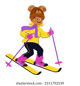 Happy boy skiing in the snow. Winter outdoor activity. Child in bright winter clothes. Cute little skier. Cartoon kid isolated on a white background. Hand-drawn flat vector illustration.
