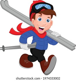 happy boy is skiing. boy is walking with ski equipment