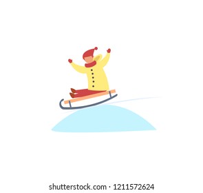 Happy boy sledding down hill on toboggan vector isolated. Winter time activity, recreation at snow, child tobogganing outdoors. Holiday vacation at cold days