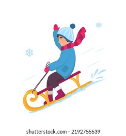 Happy boy sledding down on the snow. Smiling child riding on sleigh. Winter outdoor activity. Isolated on white background. Flat design vector illustration