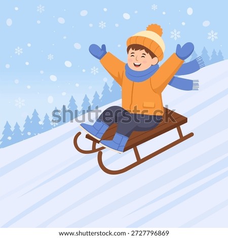 Happy  boy  are sledding from snow hills. Winter fun. Vector illustration
