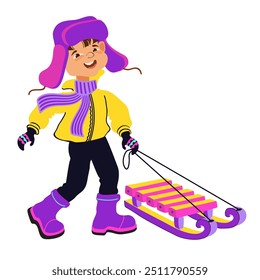 Happy boy sledding in the snow. Winter outdoor activity. Child in bright winter clothes. Cute little sledder. Cartoon kid isolated on a white background. Hand-drawn flat vector illustration.