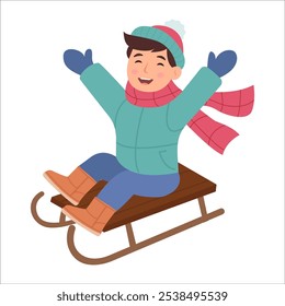 Garoto feliz dormindo na neve. Atividades ao ar livre no inverno. Ilustração de vetor isolada em um fundo branco.