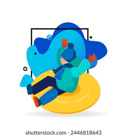 Happy boy sledging and having fun. Kid riding on snow tube flat vector illustration. Holiday, outdoor activity, winter vacation concept for banner, website design or landing web page