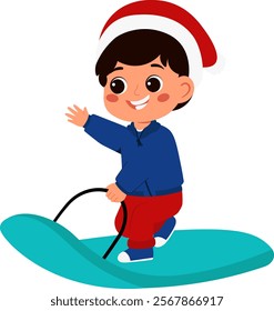 Happy Boy Sleighing in Winter Attire Illustration