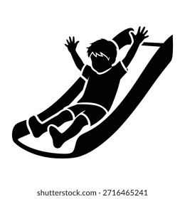 Happy boy sliding down playground slide. Child enjoying fun activity. Kid playing on slide. Playful youth sliding.