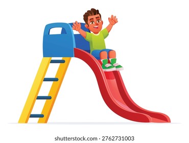 Happy boy sliding down red slide at playground. Child having fun outdoor. Vector cartoon illustration