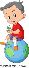 The happy boy with the small plant is sitting on the earth of illustration