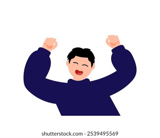 Happy boy smiles and rejoices. The boy raises his hands up. Vector simple color flat illustration.