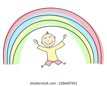 Happy boy smiles under the rainbow. Child's world.	
