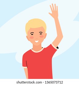 Happy boy smiles and waves his hand. The child enjoys the summer and raises his hand in greeting. Funny smiling young boy showing five fingers. Vector illustration in cartoon flat style