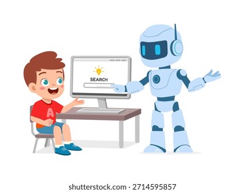 Menino feliz sorrindo entusiasticamente aprendendo a usar a busca por computador com um robô amigável e útil
