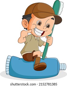 The happy boy is smiling while holding a toothbrush and big toothpaste of illustration