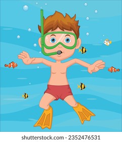 happy boy snorkeling underwater with fish