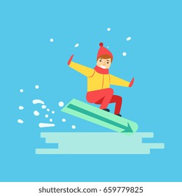 Happy boy snowboarder sliding down the hill. Winter sports colorful character vector Illustration