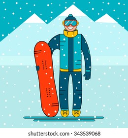 Happy boy snowboarder standing with a snowboard. Snow mountain landscape. Extreme winter sports. Vector illustration.
