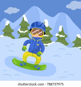 Happy Boy snowboarding in the mountains in winter holiday season vector illustration, design element for poster or banner