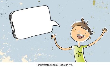 Happy Boy speaking a message, with blank speech balloon. Doodle style hand drawn illustration, vector line art. Communication concept.