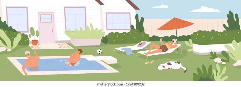 Happy boy spending summer holidays together with his grandparents in backyard of house. Grandson and grandpa swimming in pool, grandma sunbathing outdoors. Colored flat cartoon vector illustration