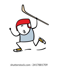 Happy boy sportsman skating on the ice and waving a stick. Vector illustration of stickman playing hockey. Winter sport, the winner of the championship. Isolated character on white background.