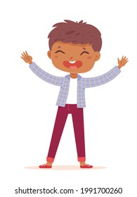 Happy boy standing with arms up. Joyful smiling child. Positive emotion and fun vector illustration. Cute cheerful little kid in good mood in party isolated on white background.
