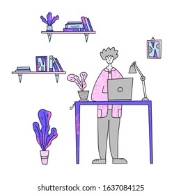 Happy boy standing at the desk with laptop at his office. Vector illustration.