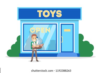 Happy boy standing in front of the toy store. Toy shop building in the city. Goods for kids. Isolated flat vector illustration