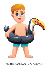 Garoto feliz de pé e segurando um anel de natação inflável tucano preto em torno de sua cintura. Ilustração de desenho animado vetorial