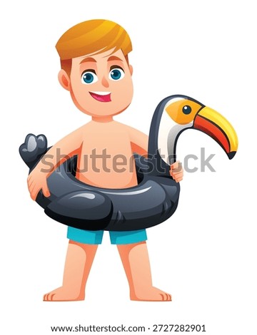 Happy boy standing and holding a black toucan inflatable swim ring around his waist. Vector cartoon illustration