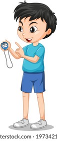 Happy boy standing and holding a timer illustration