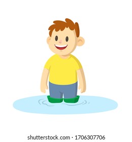 Happy boy standing knee-deep in a puddle, cartoon character design. Colorful flat vector illustration, isolated on white background.