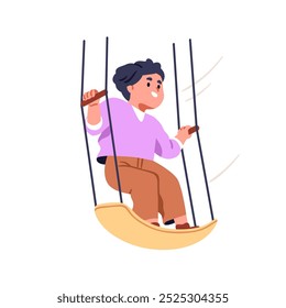 Happy boy standing on rope swing, smiling and enjoying play. Joyful carefree child, outdoor amusement. Cute little kid, fun and joy emotion. Flat vector illustration isolated on white background